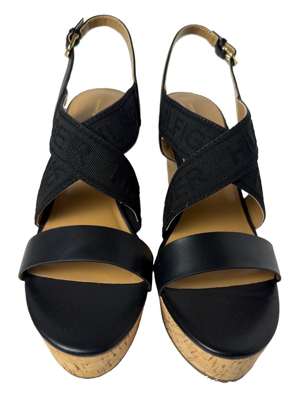 Tommy Hilfiger Kezno Womens 10M Black Wedge Sandals Ankle Strap Platform